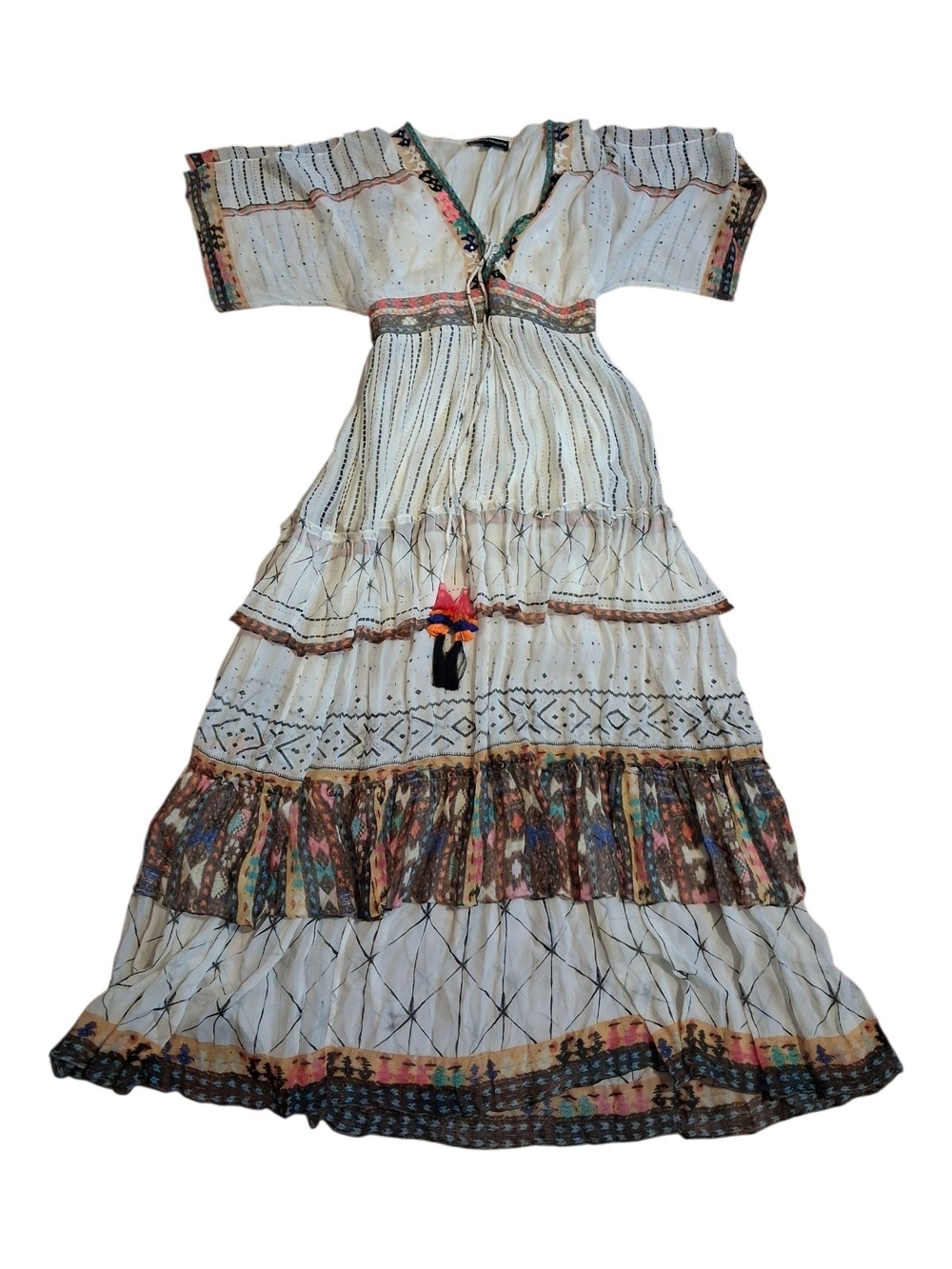 HEMANT & NANDITA Cream Boho Tiered V‑Neck Maxi Dress with Multicolor Trim - Picture 2 of 4
